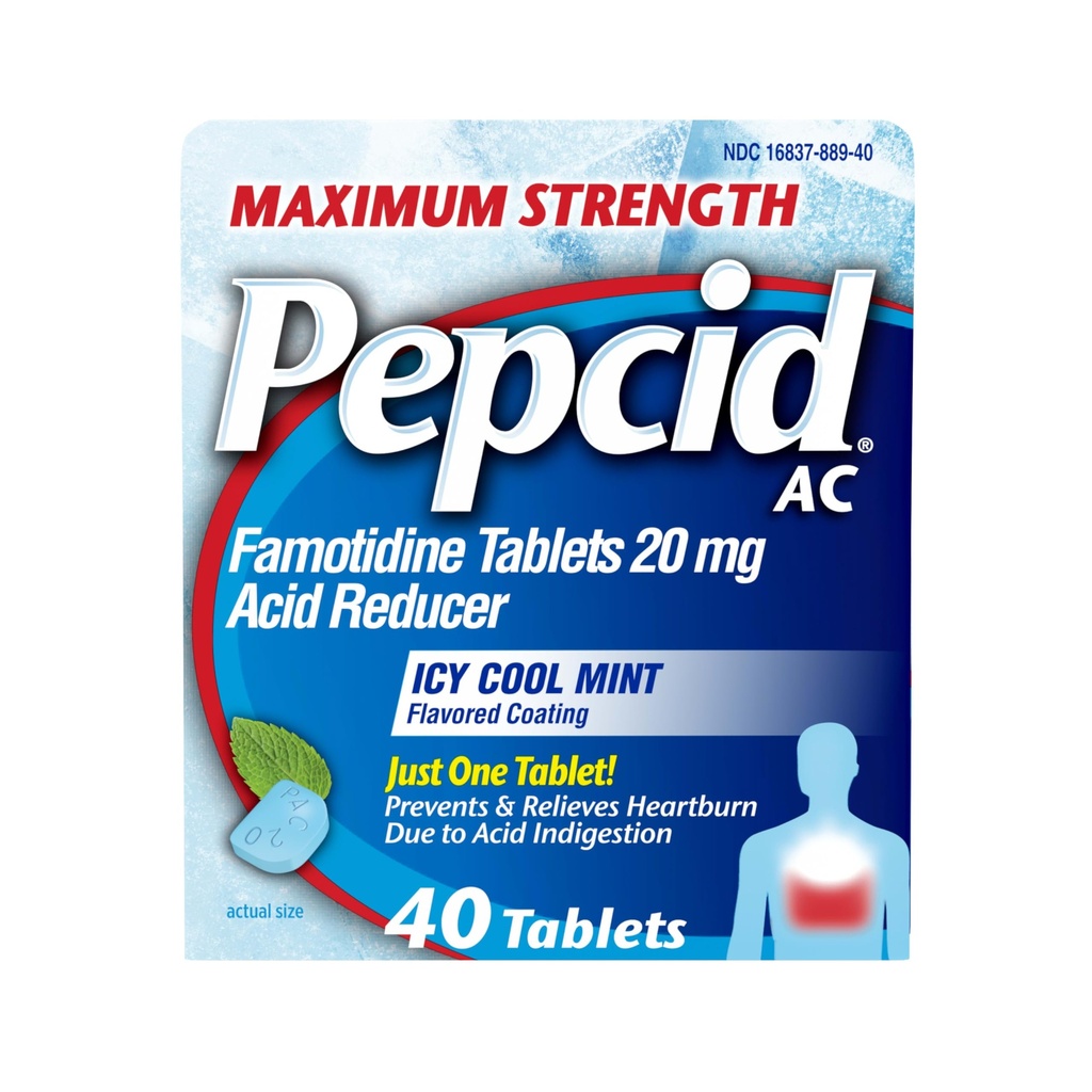 Pepcid AC Maksymalna moc Heartburn Relief Tablets, OTC Medicine Prevents & Relieves Heartburn Ze względu na niestrawność i sour żołądki, 20mg Reduktor kwasu famotydynowego, ICY Cool Mint, 40