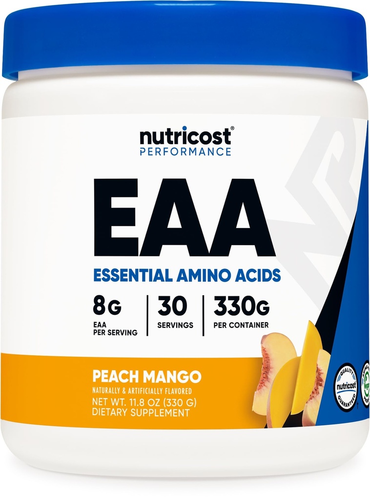 Nutricost EAA Proszek 30 Służenia (Peach Mango) - Podstawowe aminokwasy - Non-GMO, Gluten Free, Wegetariański Przyjazny