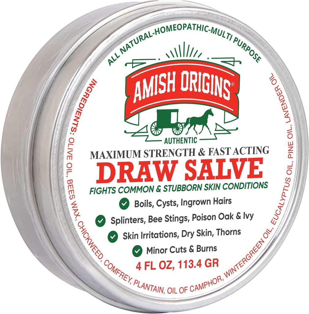 Amish Origins Drawing Salve Maintment, 4 oz Maksymalna siła Szybkie działanie Salve Draw dla Splinters, Gotowanie, Pszczoła Stings, Cyst, Anti Itch Cream, Made in USA
