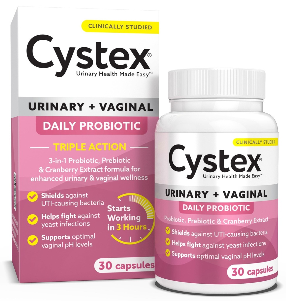 Cystex 3- in-1 Trakt moczowy Probiotyk dla kobiet - Szybkie działanie UTI i Yeast Infection Wsparcie z Prebiotyki, Probiotyki, & Żurawiny - Wspiera pH pochwy i Flora Równowaga - 30 Kapsułki