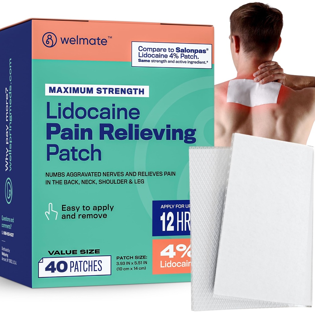 WELMATE Pain Patches Maksymalna wytrzymałość Lidokaina 4% Miejscowe Numinowanie Analgesic - Lidokaina Patches for Nerve & Back Pain Relief, Sciatica, Nacięcie mięśni szyi, Kolano, Joint Ramiona, Hip, Stopa (40ct)