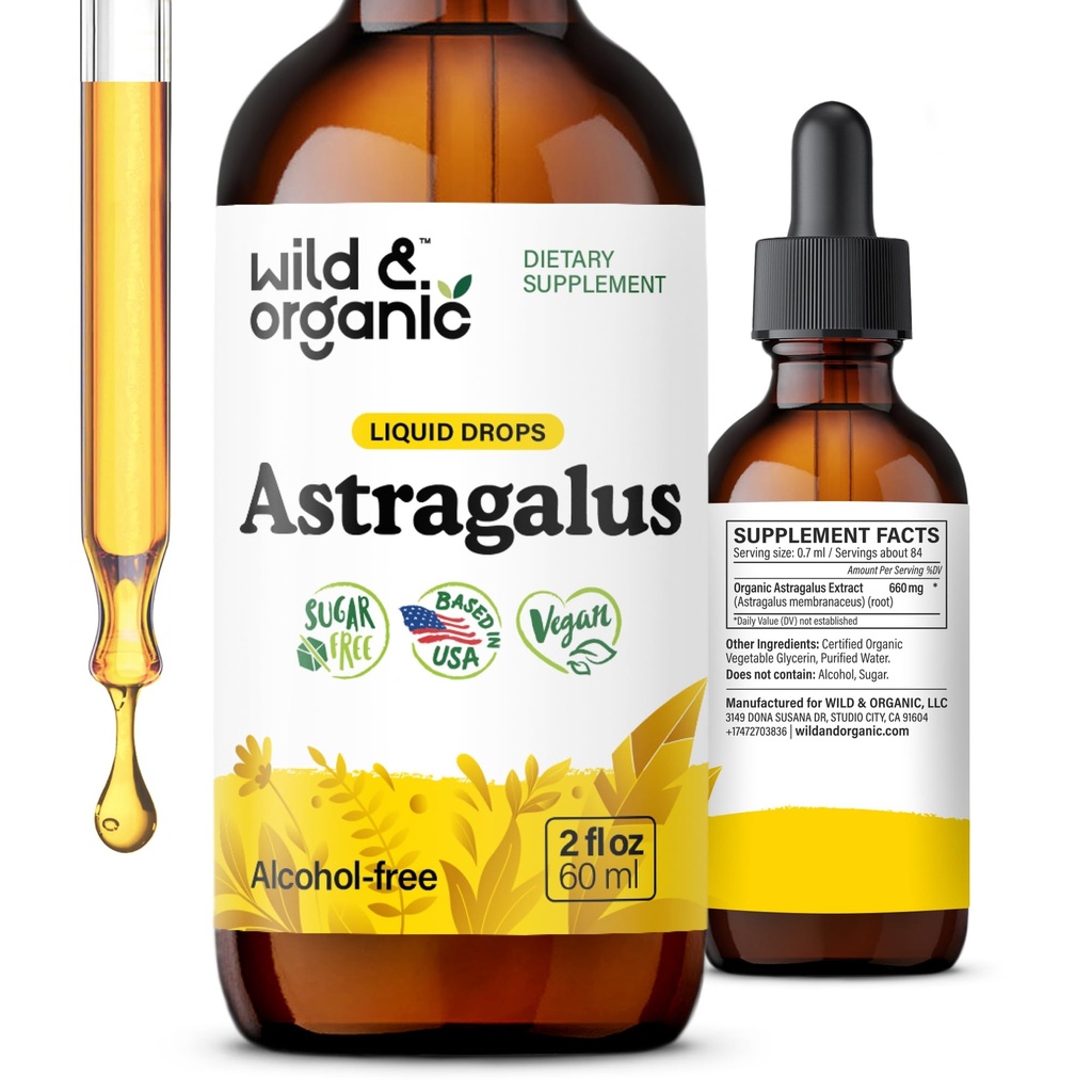 Wild & Organic Astragalus Tincture - Immune Support Drops w / Astragalus Root Extract - Herbal Supplement for Calmness & Relaxation - Vegan, Sugar & Alcohol Free - 2 fl oz