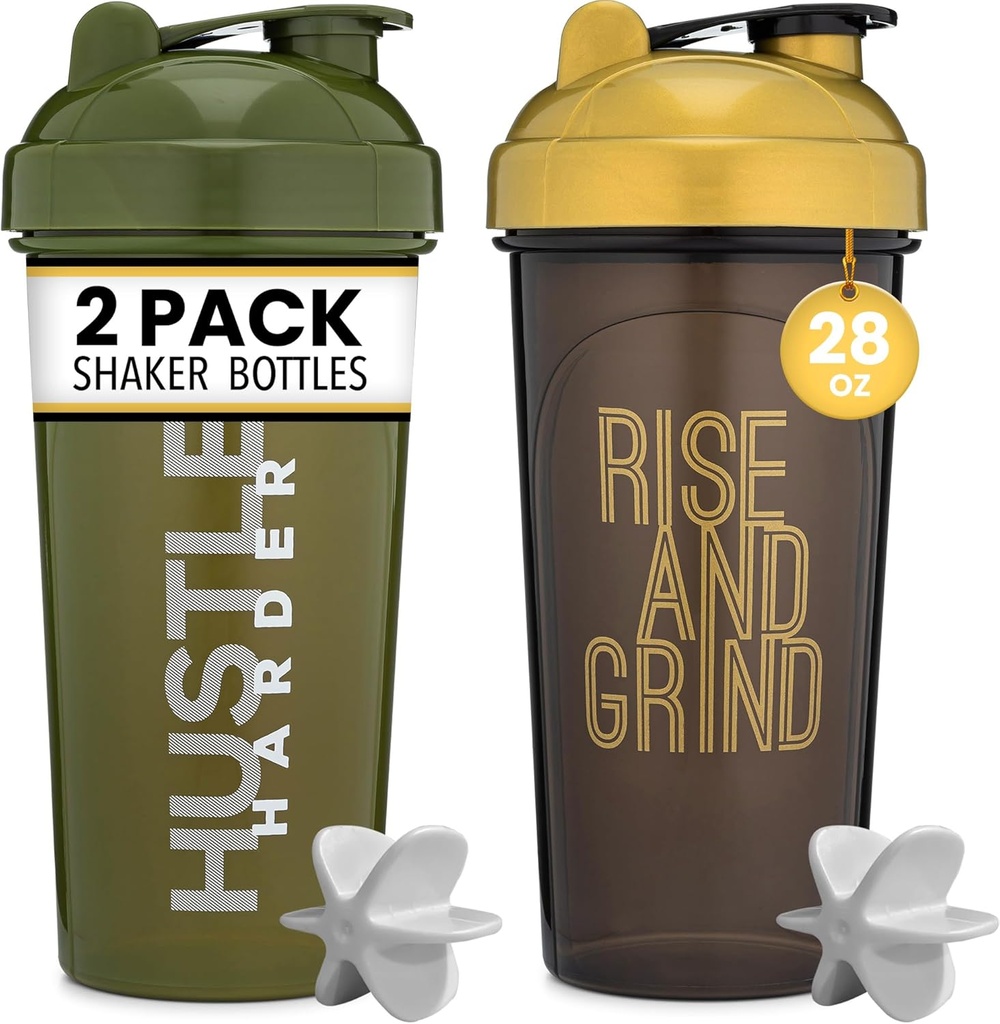 [2 Pack] 28oz Shaker Butelka z cytatami motywacyjnymi (Black / Gold & Moss) 124; Butelka z shakerem białkowym z mieszalnikami Agitators 124; Butelka z mikserem Shakerem do mieszania białek jest BPA Free i zmywarka bezpieczne