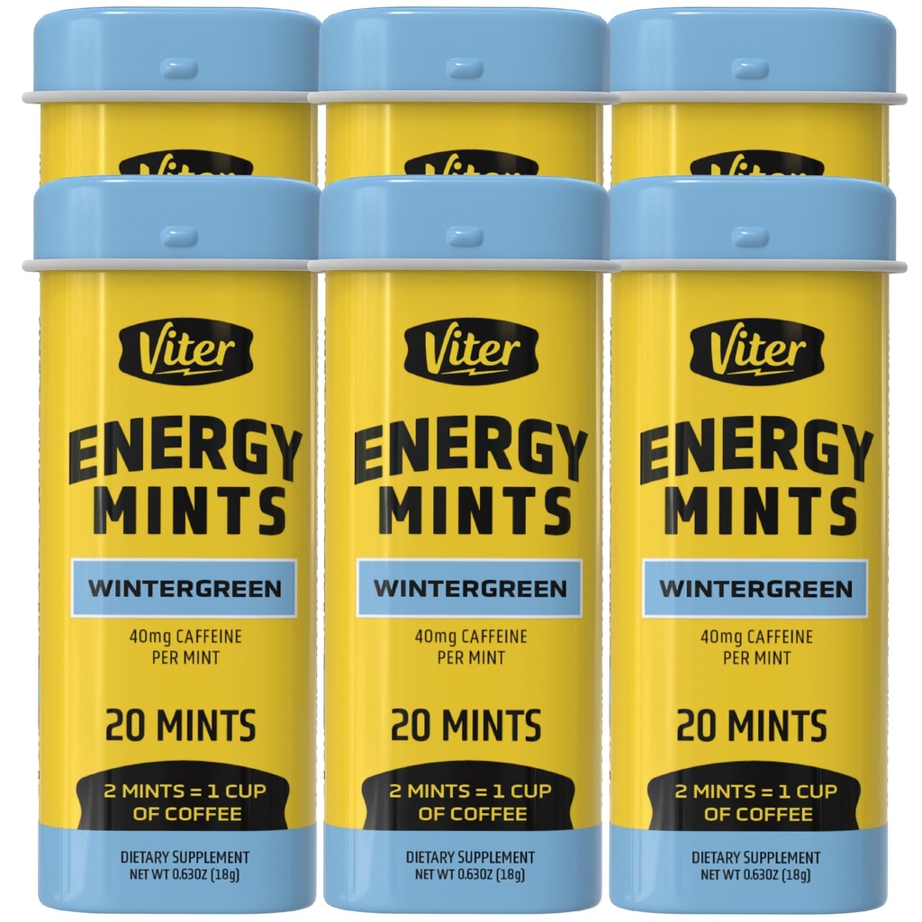 Viter Energy Kofeina Mints 40mg Kofeina, B Witaminy, Cukier wolny. (Wintergreen, 20szt, 6 Pack)