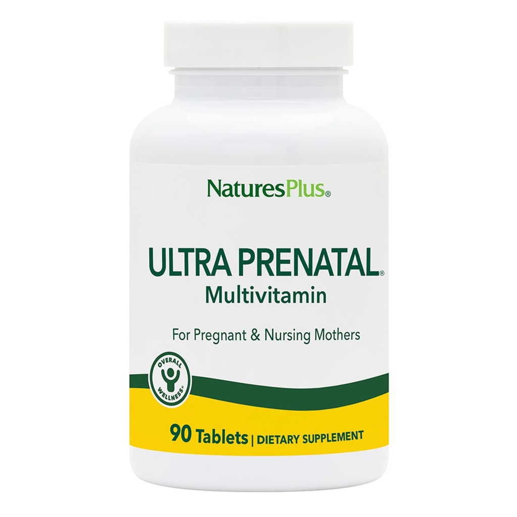 NaturesPlus Ultra Prenatal Multivitamin - 800 µg Folate, 90 Tabletki wegetariańskie - Prenatal Supplement with Iron, Jod, Wapń & B- Complex Vitamin - Gluten- Free - 45 Servings