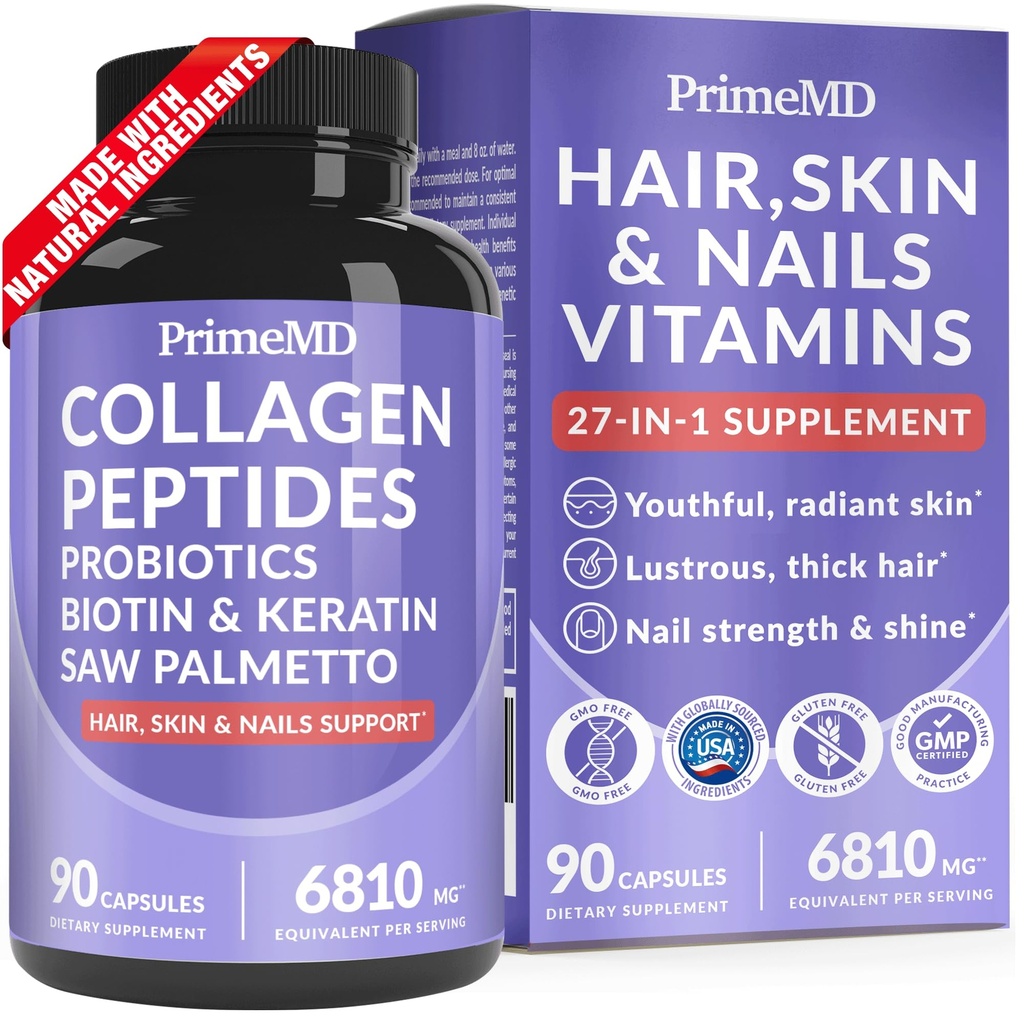 27- in-1 Włosy Skóra i paznokcie Witaminy (6810mg) z Biotin 10000mcg - Kolagen Suplementy dla mężczyzn i kobiet - Keratyny Suplementy z Probiotyki i Saw Palmetto, 90ct