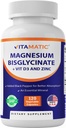 Magnez vitamatic (z bisglicynatu i tlenku) z witaminą D3 i cynku - 120 Kapsułek Veg - Wspomaga mięśnie, staw, Nerve & Heart Health - Non-GMO, Gluten- Free