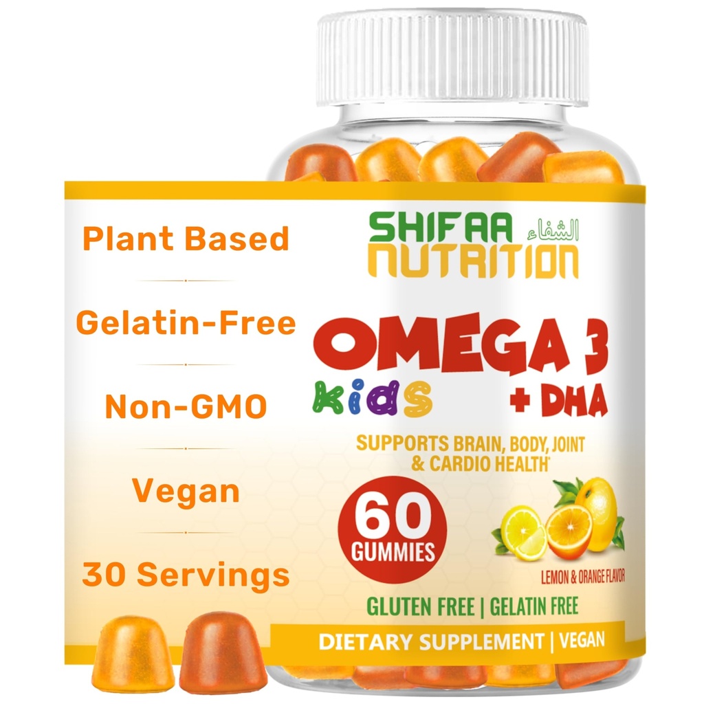 SHIFAA NUTRITION Halal Omega 3 dla dzieci z DHA Gummies dla rozwoju mózgu, Serca i wsparcia immunologicznego, Plant- Based, Non-GMO, Algae- Based DHA, Gluten & Gelatin- Free Kids Omega 3 Gummies, 30 Służenia
