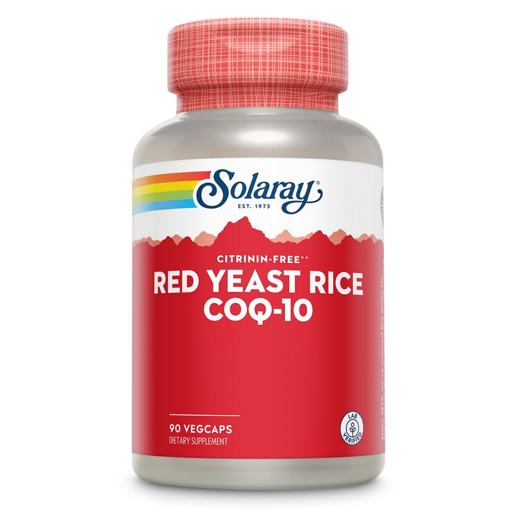 SOLARAY Red Yeast Rice Plus CoQ- 10 & No- Flush Witamina Niacyna B-3, Zdrowe serce i wsparcie sercowo-naczyniowe, Nienapromieniowane & Citrynina Free, 60 Day Money Back Guarantee, 90 Służenie, 90 VegCaps