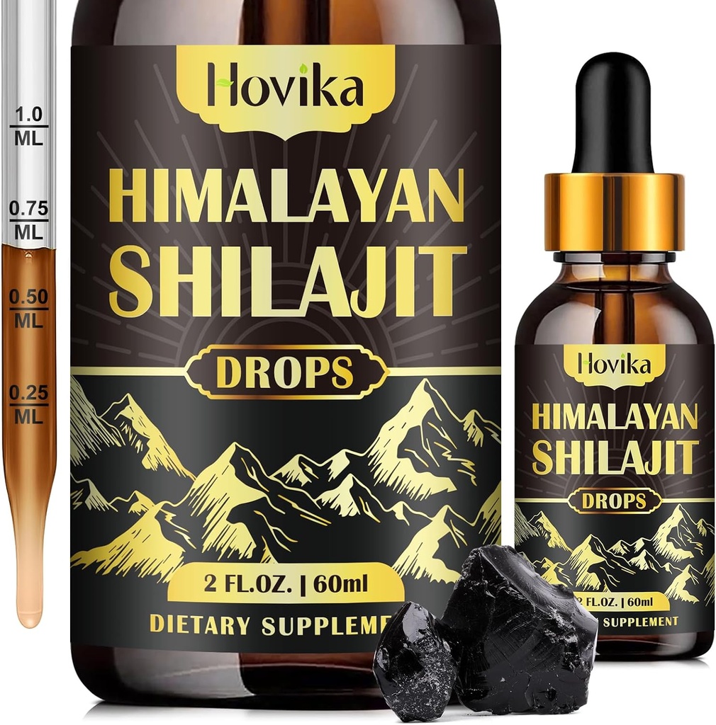 Pure Shilajit Resin Supplement, Shilajit Liquid Drops 600mg Golden Shilajit with Fulvic Acid & 85 + Minerały śladowe, Organiczny mieszanka Ayurvedic dla energii, Siła, Wsparcie odporności, 2 Fl Oz
