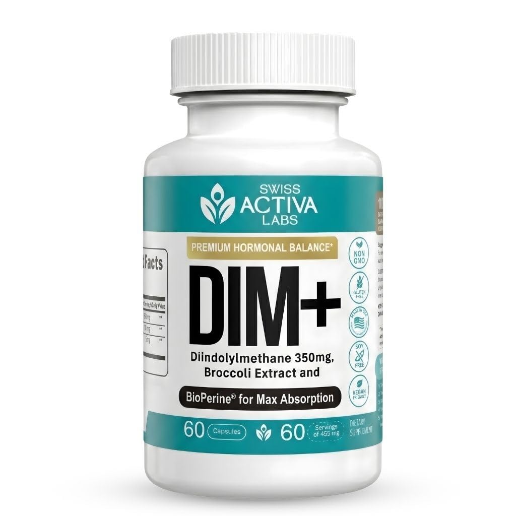 Swiss Activa + Labs DIM Supplement - Nowa formuła - Hormon Równowaga dla kobiet i mężczyzn - Estrogen Suplement dla kobiet i mężczyzn - Wspiera Hormonal trądzik i objawy menopauzy - 60 Days Supply