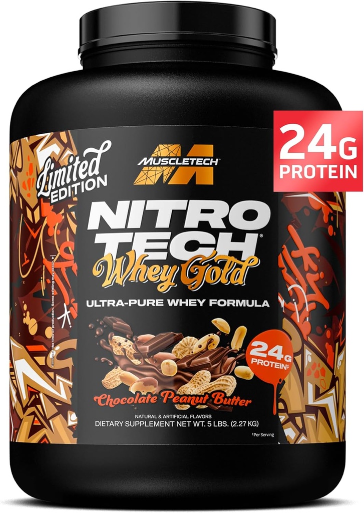 Proszek z białka serwatki muscleTech (Czekoladowy Masło Peanut, 5LB) - Nitro- Tech z białka serwatki Isolate Smoothie Mix for Lean Muscle & Fast Recovery - 24g białka serwatkowego złota dla kobiet i mężczyzn - bez glutenu