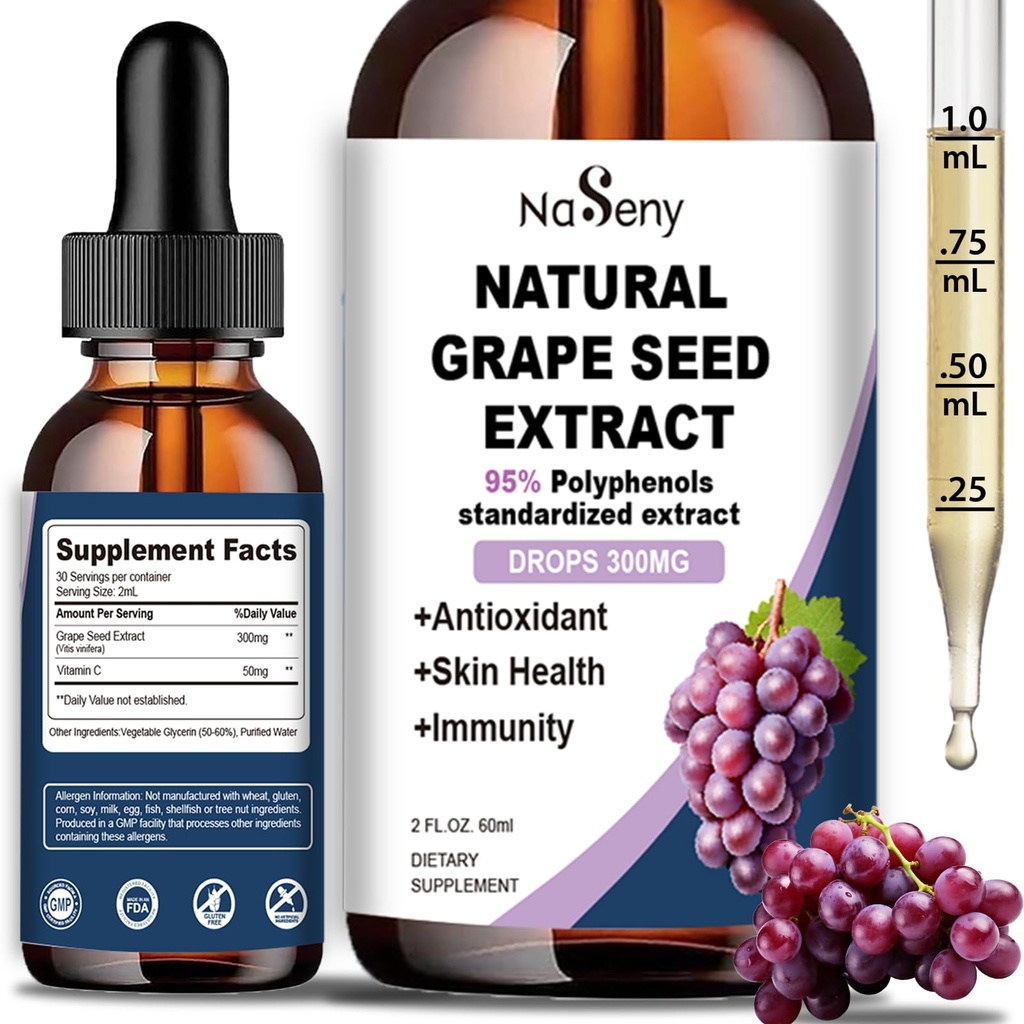 Naturalny ekstrakt z nasion winogron Drops- 300 mg ekstrakt z nasion winogron płynny suplement - maksymalna moc Vitis Vinifera Nasienie nalewka, Standaryzowane do 95% Polifenole, Non-GMO, Gluten Free (60ml)