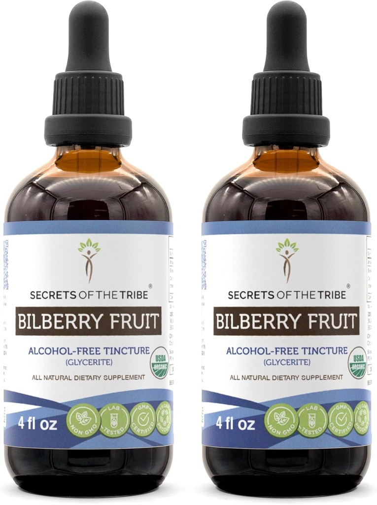 Sekrety Tribe Bilberry Fruit Free Alcohol-Free Liquid Extract, USDA Organic Bilberry (Vaccinium Myrtillus) Dried Fruit Tincture Supplement (2x4 FL OZ)
