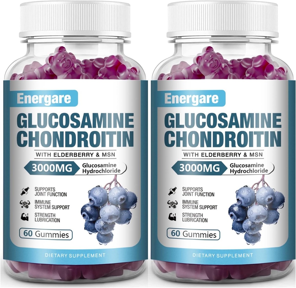 2 Pack 3000mg Glukozamina Chondroitin z Gummies i Elderberry MSM, Extra Siła Joint Support Health, Elastyczność, Przeciwutleniacz, Suplement immunologiczny Gummy dla dorosłych, Mężczyźni i kobiety 120 Liczby