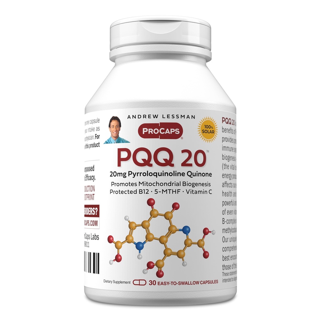 ANDREW LESSMAN PQQ 20mg - 30 kapsułek - 20 mg Pyrrolochinolina Quinone, Naturalny Kompozyt Ochronny wspomaga Vital Organs, Serce, Mózg, Wątroba, System immunologiczny. Biogeneza mitochondrialna, brak dodatków