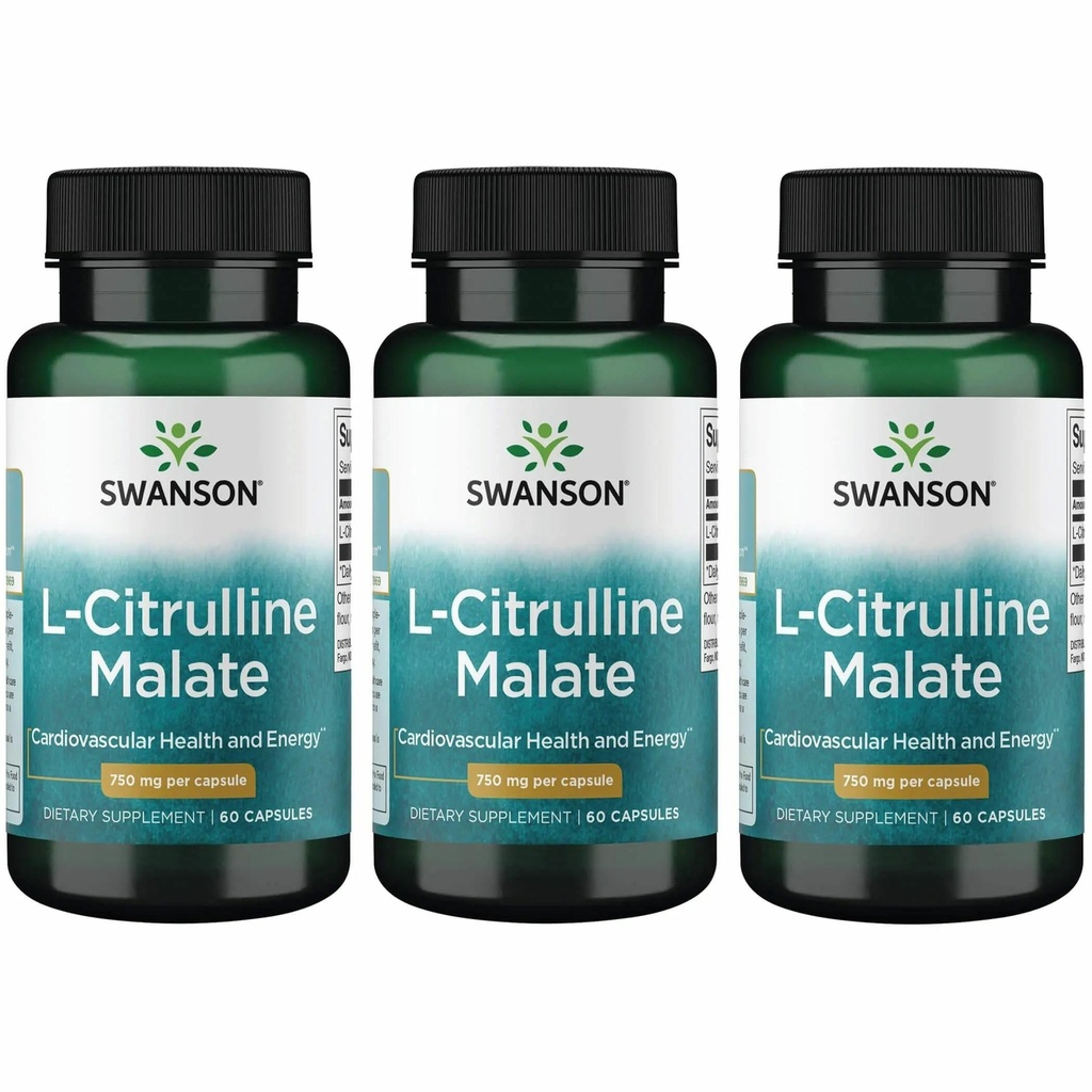 Swanson L- Citruline Malate - Acid Supplement Amino Promowanie produkcji energii & Zdrowe krążenie krwi - Naturalna formuła wspierająca ogólne Wellness - (60 kapsułek, 750mg każdy) (3 opakowania)