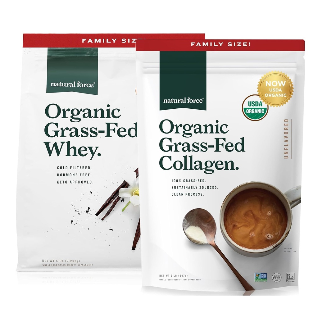Natural Force Grass Fed Organic Chey Protein Powder Vanilla Flavor 5 lb Organic Clean Collagen Peptydes Powder Unflavored, 32oz