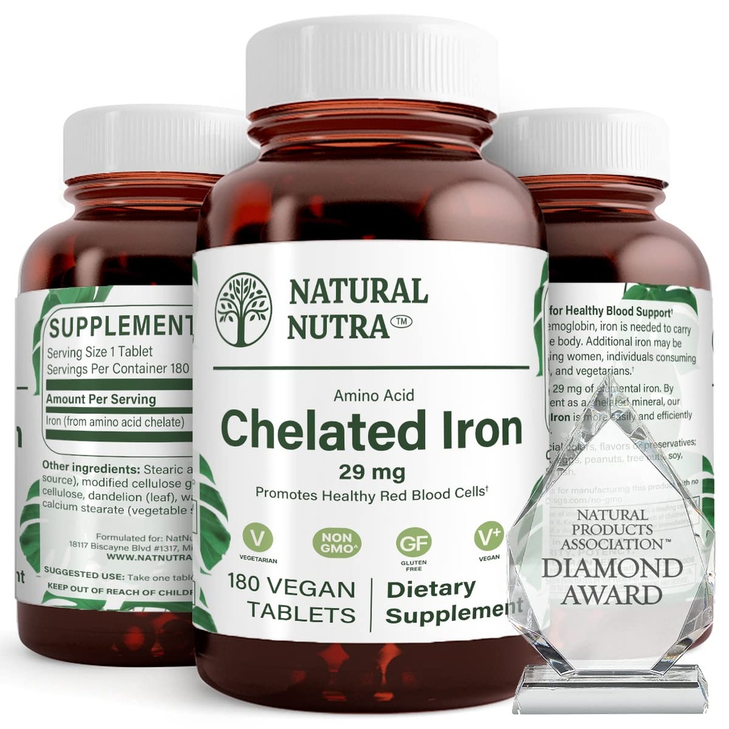 Natural Nutra Chelated Żelazo Suplement dla mężczyzn i kobiet, Nails Health, Promocje optymalnej absorpcji, Pomaga zwiększyć poziom żelaza, Utrzymanie ciała Fulid, Pomoc w poprawie wzrostu włosów, Zdrowie skóry, 180 Tabletki