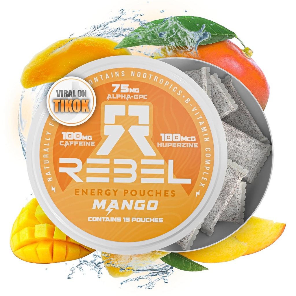 Kofeina kofeinowa • 100 mg kofeina • Alpha GPC • Huperzine A & Esential Vitamin • Bez cukru • Technologia włókna kokosowego • Mango Flavor • 15 Pouches per Can (Opakowanie 1)