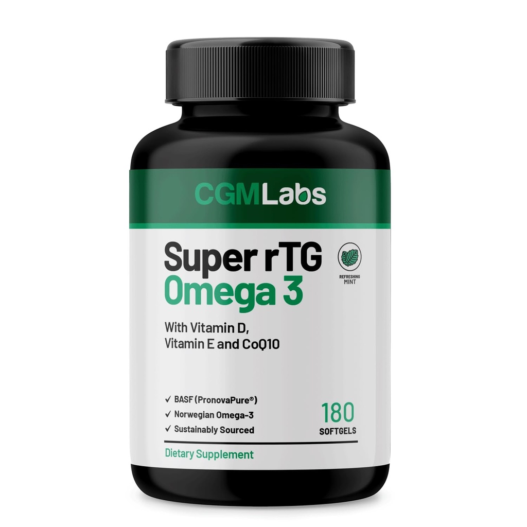 rTG Omega 3 Norweski olej rybny z suplementem diety CoQ10 - Heart Health & Antioksydant Support with Vitamin D & E - 2000 mg Sustainable Sourced - Super rTG Omega 3, 180 Softgels by CGM Labs