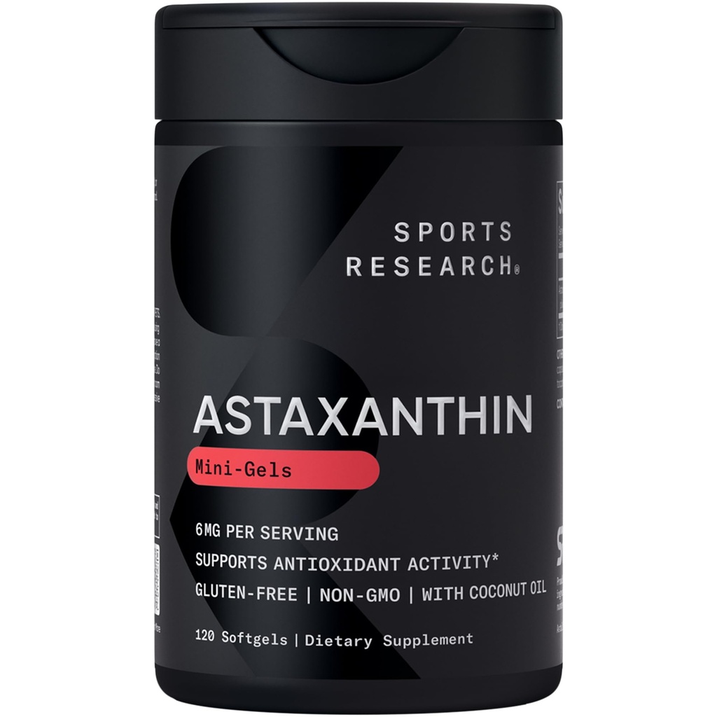 Sport Badania Potrójne Siła Astaksantyny Suplement (6 mg) z organicznym olejem kokosowym dla aktywności przeciwutleniającej, Skin & Eye Health Support - Non-GMO Zweryfikowane & Gluten Free - 120 Softgels