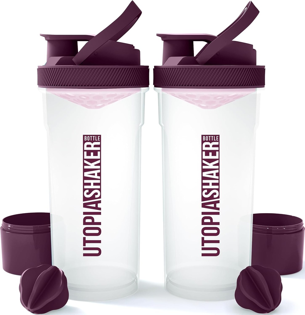 Utopia Strona główna Shaker Butelka 2 Pack - 24 Ounce plastikowe białko lub shaker koktajl butelki do treningu przed i post z Twist & Lock pudełko białka przechowywania (Clear / Plum)