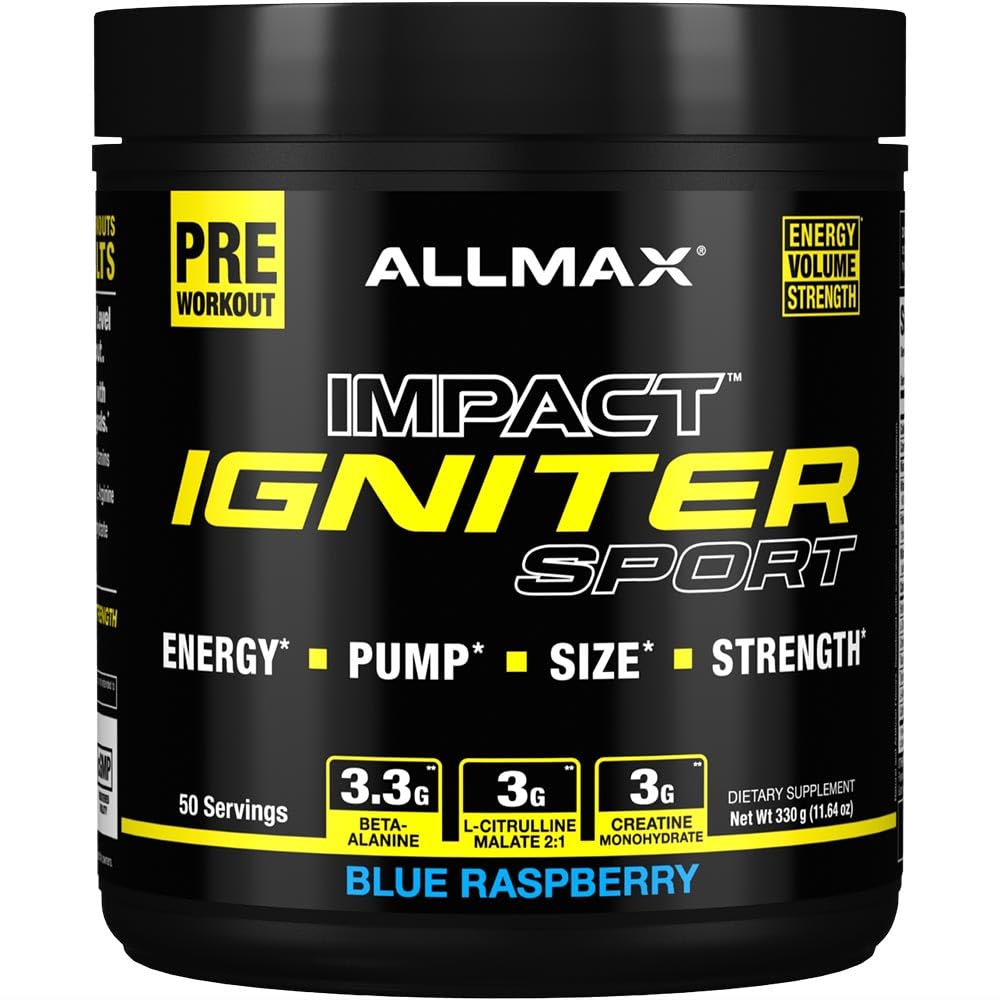 ALLMAX IGNITER Sport, Błękitna Malina - 330 g - Formuła przed treningiem - z kofeiną, L- Cytrulina, L- Arginina, Kreatyna i Beta Alanina - Do 50 Służenia