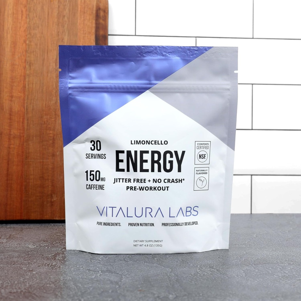 Vitalura Labs Pre- Workout Powder - Kofeina, Theacrine, Rhodiola & L- Theanine for Energy & Endurance - NSF Content Certified - Limoncello Flavored - 30 Sług