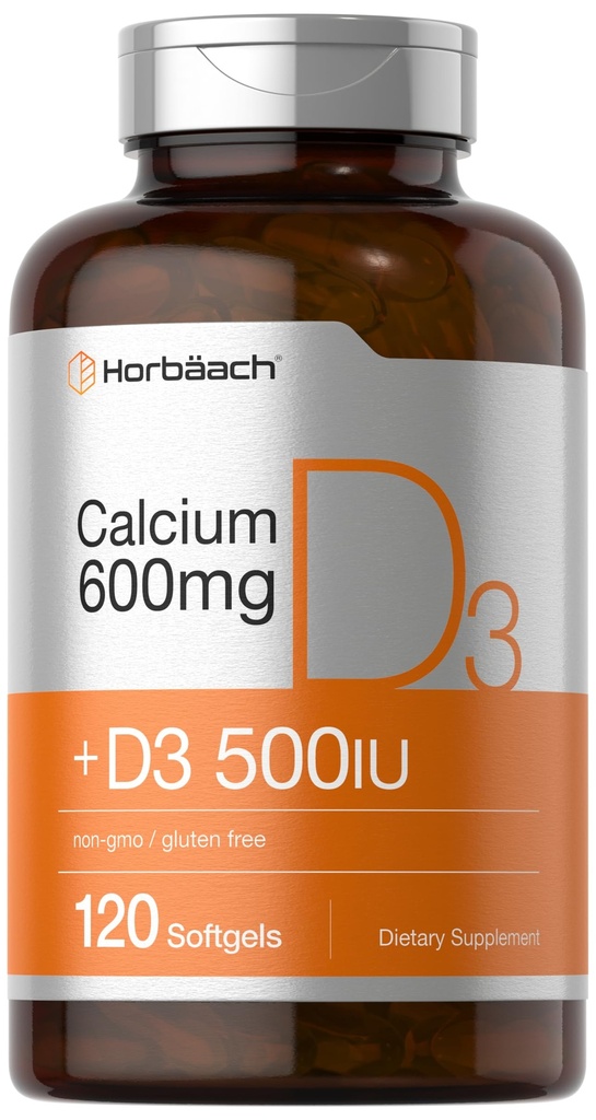 Horbäach suplement wapnia z witaminą D3 Bilans 124; 600 mg Bilans 124; 120 Softgels Bilans 124; Non-GMO & Gluten Free Bilans 124; dla mężczyzn i kobiet