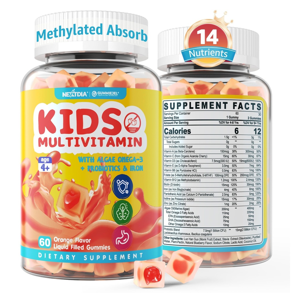 Kids Multivitamin Gummies with Iron, Cukier wolny, Kids Daily Vitamins + Probiotyki, Algae Omega 3 (EPA / DHA), A, C, D, Metyl B12, Folate, B6, Cynk, Biotin, dla zdrowego wzrostu, Wsparcie immunologiczne, 60 Count