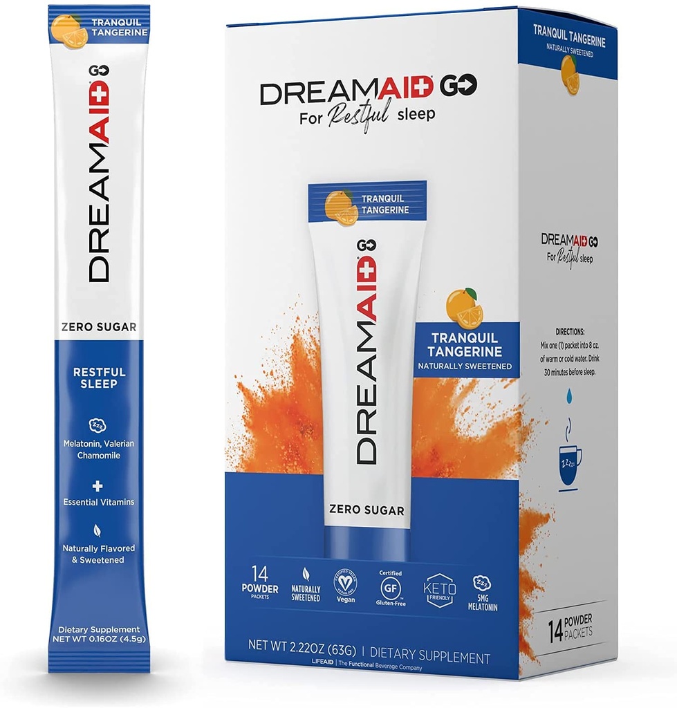 Sleep Aid Drink Mix, DreamAid, Melatonina, Rumianek - Pomaga dorosłym zasnąć szybciej, Śpij dłużej i obudzić uczucie odmładzane, Zero Cukier & Keto Friendly, 14 Sług (Pack of 1)