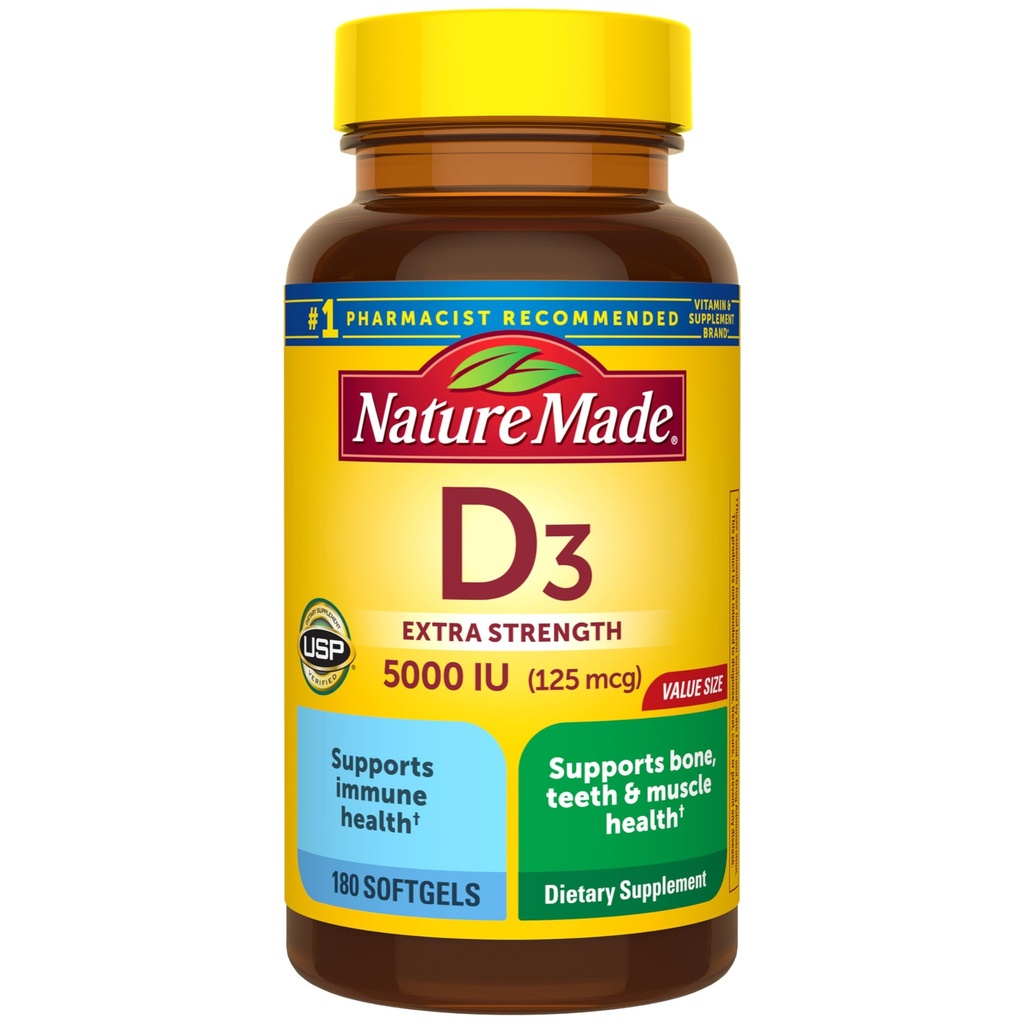 Nature Made Witamina D3 5000 j. m. (125 µg) Softgels, Dodatkowa Siła Suplement Witaminy D dla wsparcia zdrowia kości i immunologicznego, 180 Count, 180 Day Supply