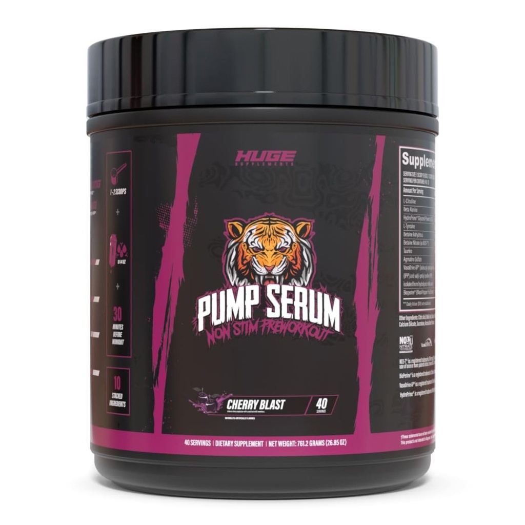 Ogromne suplementy Pompa Serum, Stim Free Pre Workout i Azoksyd Nitric Booster do zwiększenia ostrości, Pompy, Pełna bez kofeiny, L- Citrulina, GlycerPump, L- Tyrozyna, Nitrosigina (Cherry Blast)