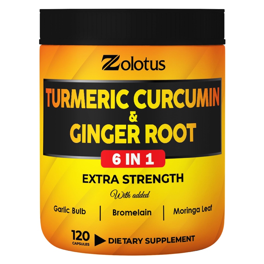 6 na 1 Kurkumina Turmerowa + Kapsułki imbirowe, 95% Kurkuminoidy z Ginger, Bulb czosnkowy, Bromelain, Moringa, Pieprz czarny - 120 Kapsułki