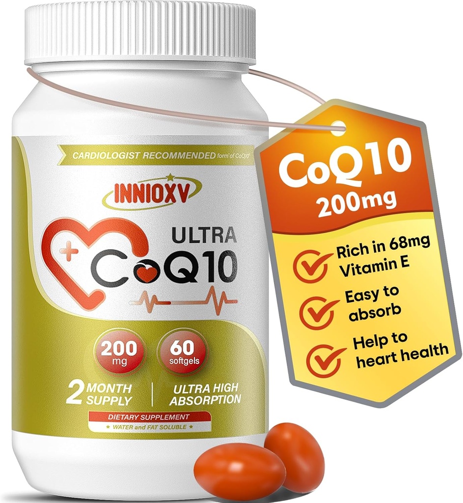 CoQ10 200mg Softgels - Wysoka Absorpcja Koenzym Q10 dla Zdrowia Serca, Energia komórkowa i Wsparcie Przeciwutleniaczy - 60 Softgels