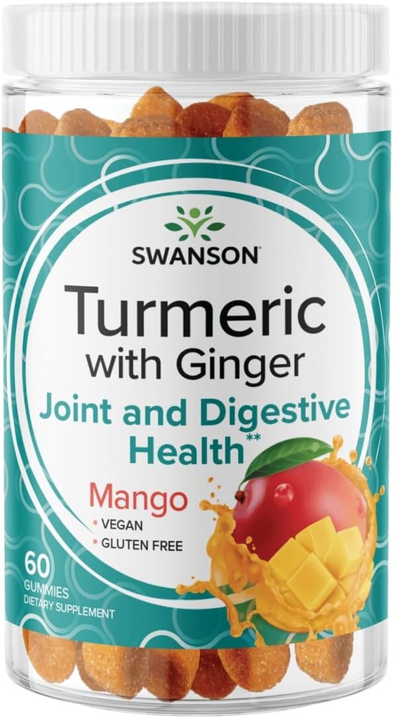 Swanson Turmeric z Ginger Gummies - All Natural Supplement Promotion Digestive & Immune System Health - Pomaga wspierać wspólne funkcje i możliwości ruchu - (Mango, 60 Gummies)