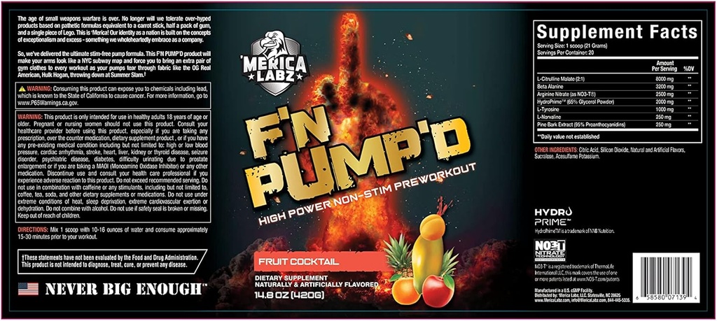 "Merica Labz F 'N Pompa' D Stymulant wolny, tlenek azotu, w pełni dozowane, Pompa PreWorkout proszek (20 Słupki) (Owoce koktajl)