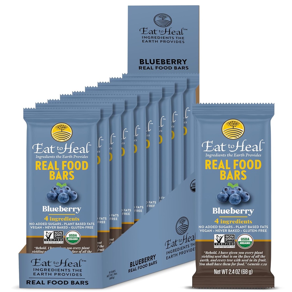 EatToHeal Blueberry Real Food Bar - Organic Protein Bars, Vegan Food, Zdrowe Gluten Free Protein Food - Low Sugar Protein Bars, Nie GMO, Nigdy Pieczone, Organiczne przekąski na bazie roślin - Wykonane, aby cieszyć