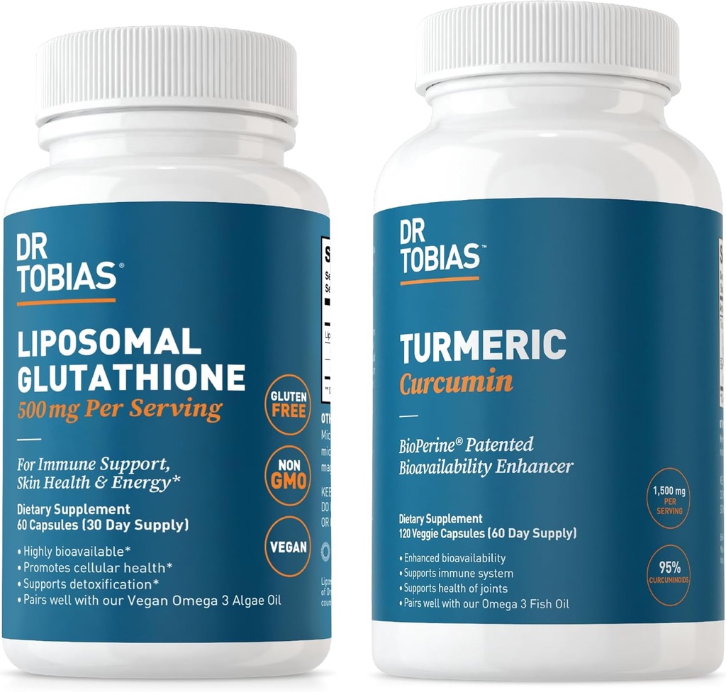 Dr Tobias Kurkumina Turmerowa i Liposomal Glutathione - wspomaga wspólne zdrowie, funkcje immunologiczne i witalność skóry - Wegan, Non-GMO