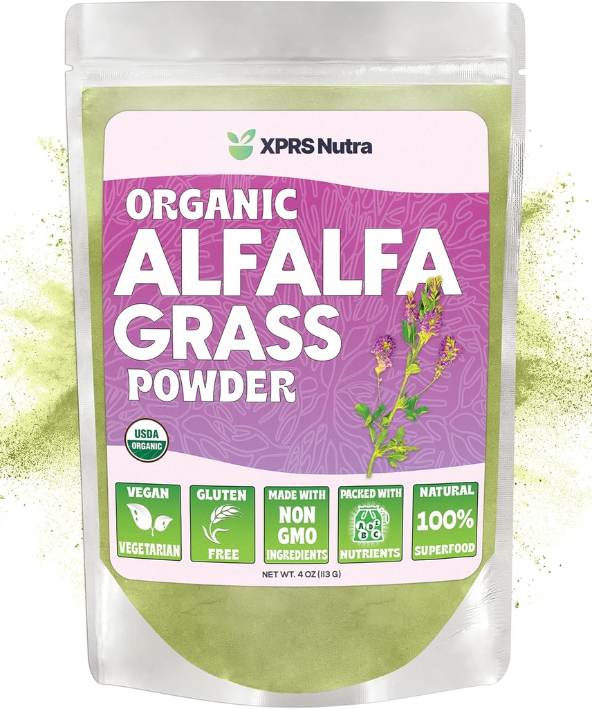 XPRS Nutra Organic Alfalfa Proszek - Premium Vegan suplement bogaty w wapń, Przeciwutleniacze, Witaminy - Rolnik Alfalfa Suplement dla dzieci i dorosłych - Vegan Friendly Healthy Leaf (4 unce)