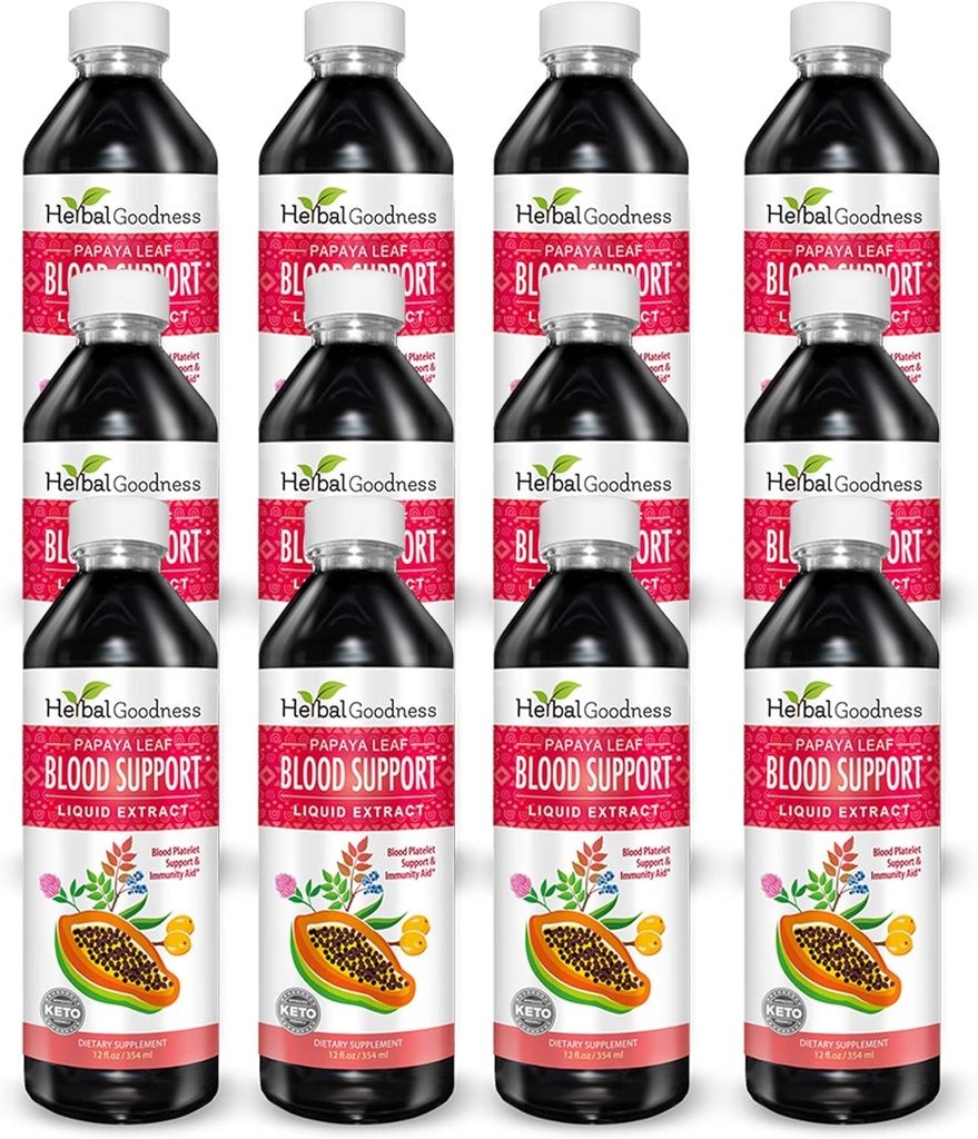 Papaya Leaf Support Liquid - 15X Siła - Ekstrakt Papaya Leaf - Zdrowe płytki, Czyszczenie krwi, trawienie, Papaya Enzyme - 12 (12oz) Butelki Płyn - Ziołowy Dobroć - Made in USA