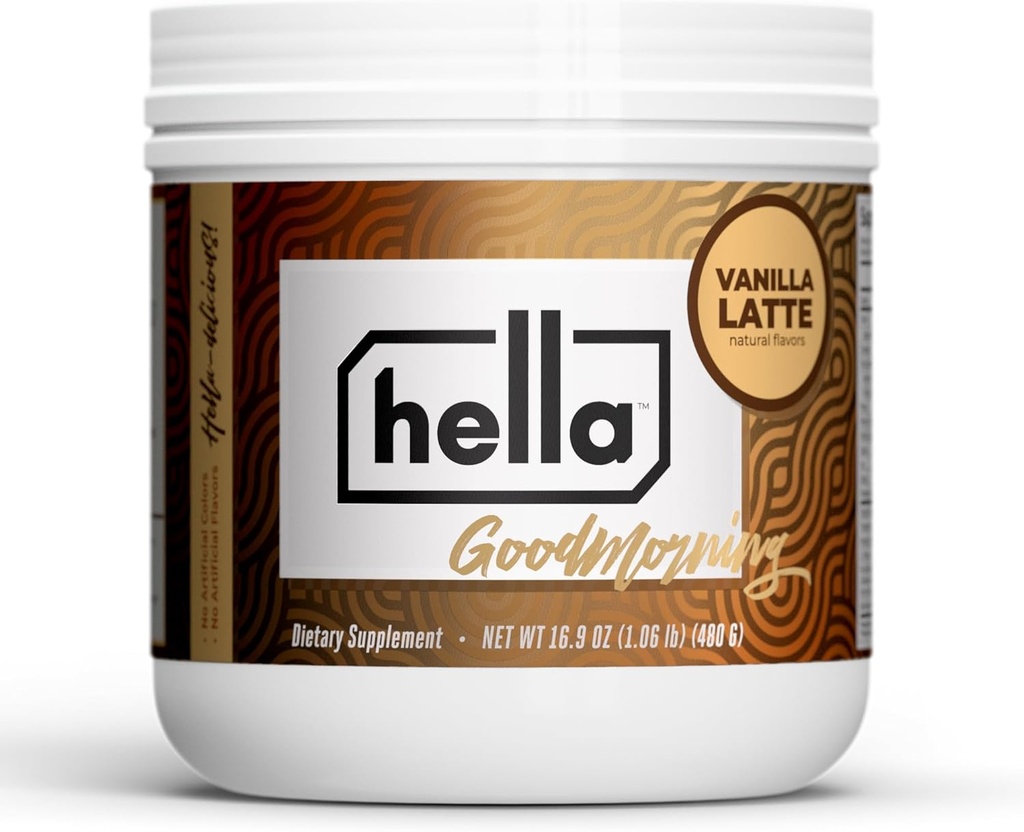Hella Nutrition Goodmorning Coffee Alternatywna naturalna kofeina z Mushroom Coffee Substitute 124; Białko, Kolagen, Witaminy B- 12 & D, Elektrolity, & Minerały 124; Nie GMO (20 Sług, Vanilla Latte)