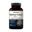 NatureBell Methyl Folate 15mg - 240 kapsułki - 5- MTHF z Methyl B12- 15mg L- Methylfolate & 1,000mcg Witamina B12 - Energy & Cognitive Supplement * - Gluten- Free & Non-GMO