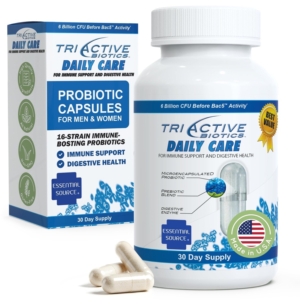 TriActive Biotics Daily Care - Probiotyki dla kobiet i mężczyzn, Mieszanka prebiotyczna z 6 Miliard CFU - Probiotyki dla zdrowia pokarmowego - Wsparcie Gut Health, Immune Defense - 30 Kapsułki