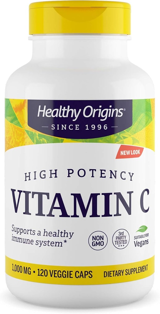 Zdrowe początki Witamina C 1000 mg (Nie-GMO Tested, Wysoka potencja, Wsparcie immunologiczne, Wegan), 120 Veggie Czapki