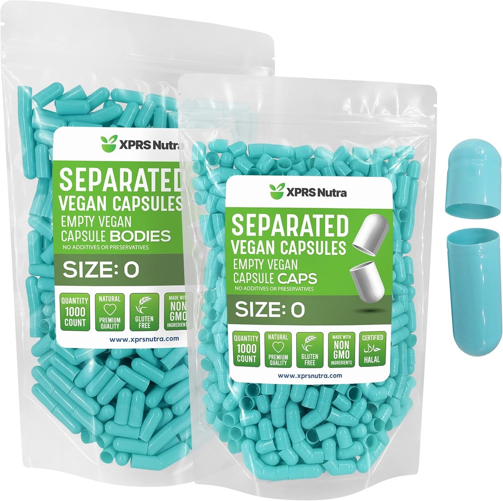 XPRS Nutra Vegan Rozmiar 0 Kapsułki oddzielone - 1000 Hrabia Premium Kapsułki puste Separowane w Torbach - Tabletki 0 do napełniania suplementu DIY (Aqua)