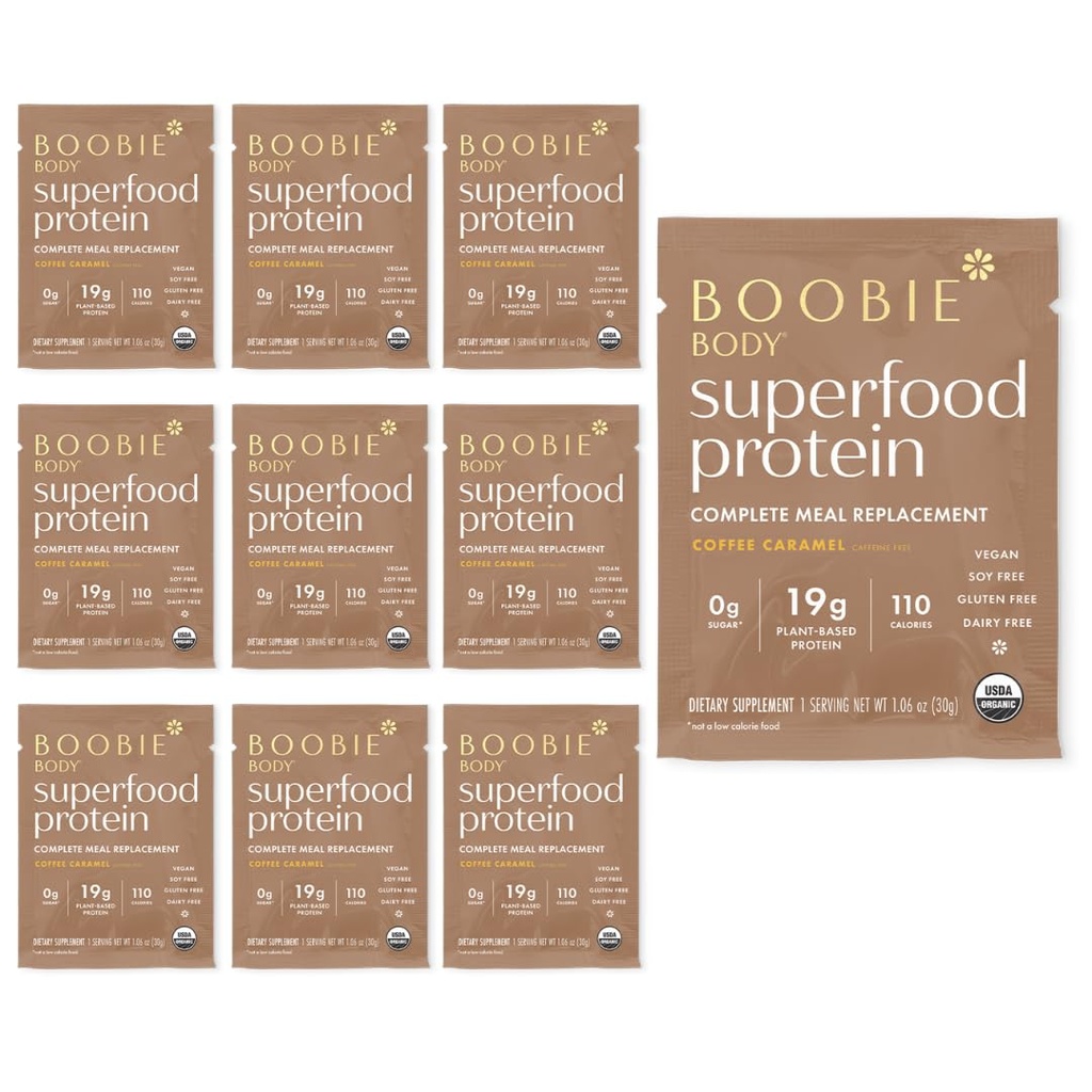 Boobie Body Superfood Protein Meal Replacement Shake, Kawa Karmel Flavor 124; 19g Białko 124; Bezpieczne dla ciąży, Laktacja, & Macierzyństwo 124; Organic, Wegan, Zero Sugar, 10 Pojedyncze opakowania serwowe (1.06 oz każdy)