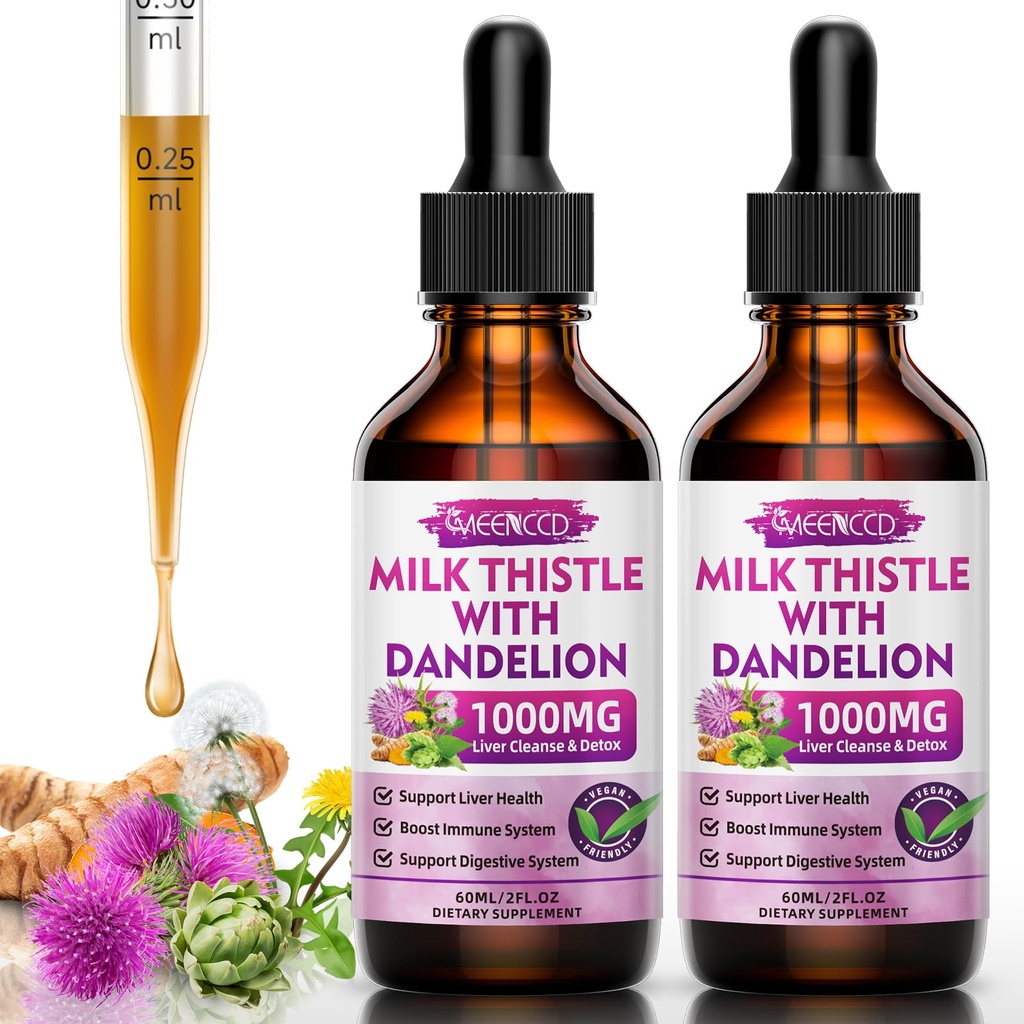 2 Opakowanie Mleko ciecz krople - oczyszczona wątroba Detox & Naprawa - 1000mg Mleko Tistle Suplement dla wsparcia wątroby, Sylimaryna Suplement wątroby dla zdrowia wątroby, Wegan, Non-GMO, 4 Fl Oz