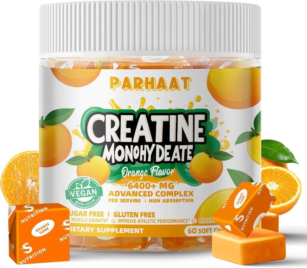 Monowodzian kreatryny Kompleks żucia 6400mg dla mężczyzn i kobiet - Zaawansowana Formuła W / L- Tauryna + Witamina B12, Sugar Free Chewable Supplement, 60 Orange Softchews